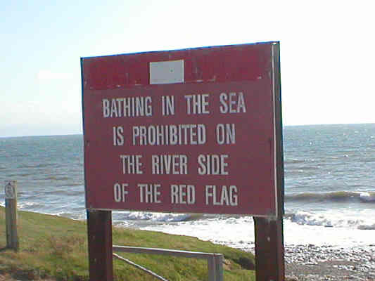 Notice advising that bathing is prohibited on the river side of the red flag