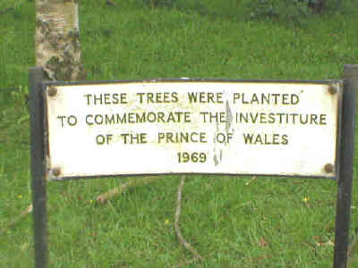 Sign to identify trees planted to mark Investiture of HRH Prince Charles 1969 and his 21st birthday
